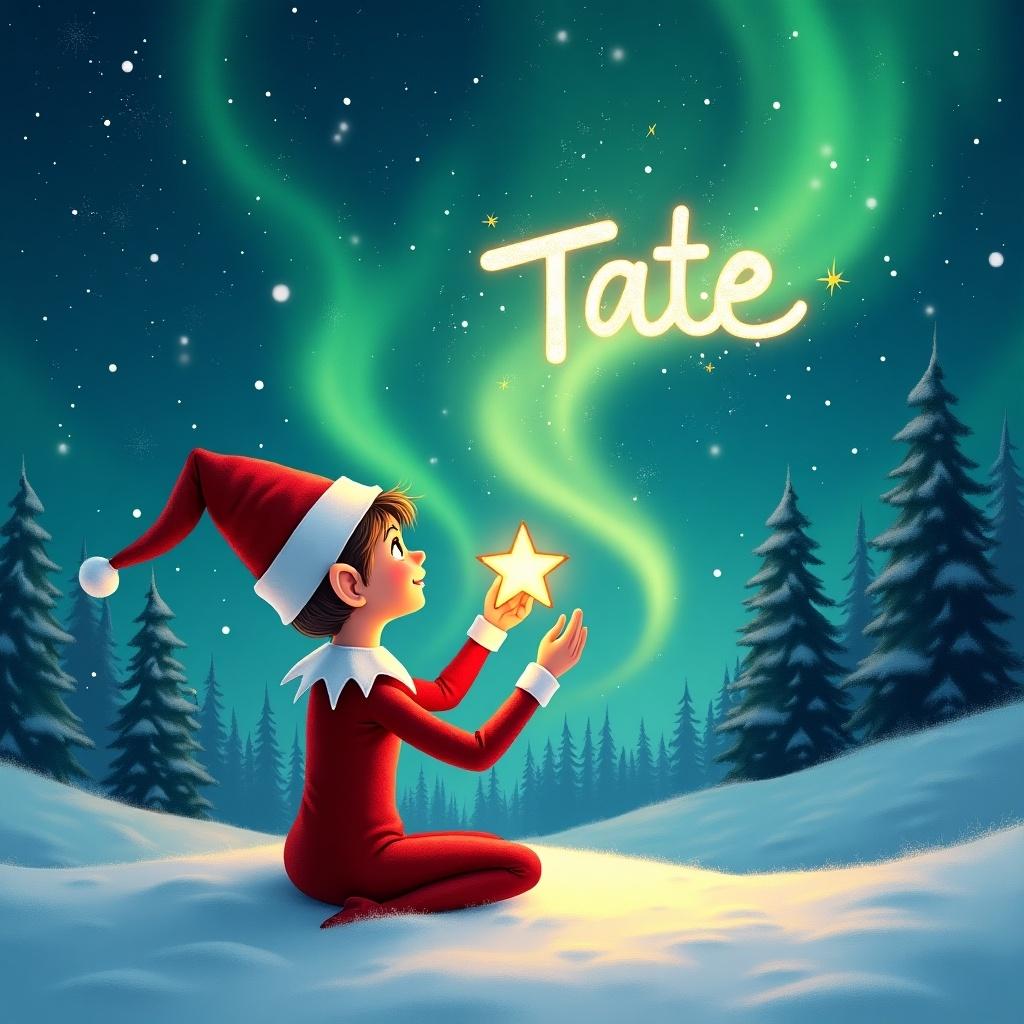 An elf on the shelf is sitting in a snowy landscape, gazing upwards. The sky has vibrant northern lights. The elf holds a glowing star and writes 'Tate' in the sky. Snow covers the ground with evergreen trees in the background. The mood is festive and magical.