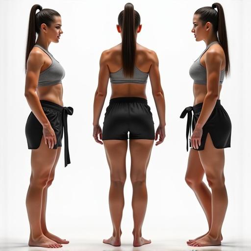 Athletic female model showing karate positions. She wears fitted and small clothing. Her physique is slim and athletic with defined muscles. Model displays a 360-degree view with a natural upright posture.