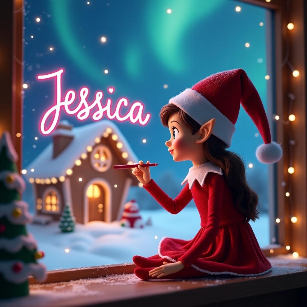 A whimsical scene featuring an elf on the shelf sitting by a window. The elf has brown hair and is wearing a red dress with a white collar and a matching red hat. She is using a magic pen to elegantly write the name 'Jessica' in pink letters. Outside the window, a snowy landscape is illuminated by northern lights, highlighting a charming gingerbread house in the background. The setting is magical and festive, perfect for the holiday season.