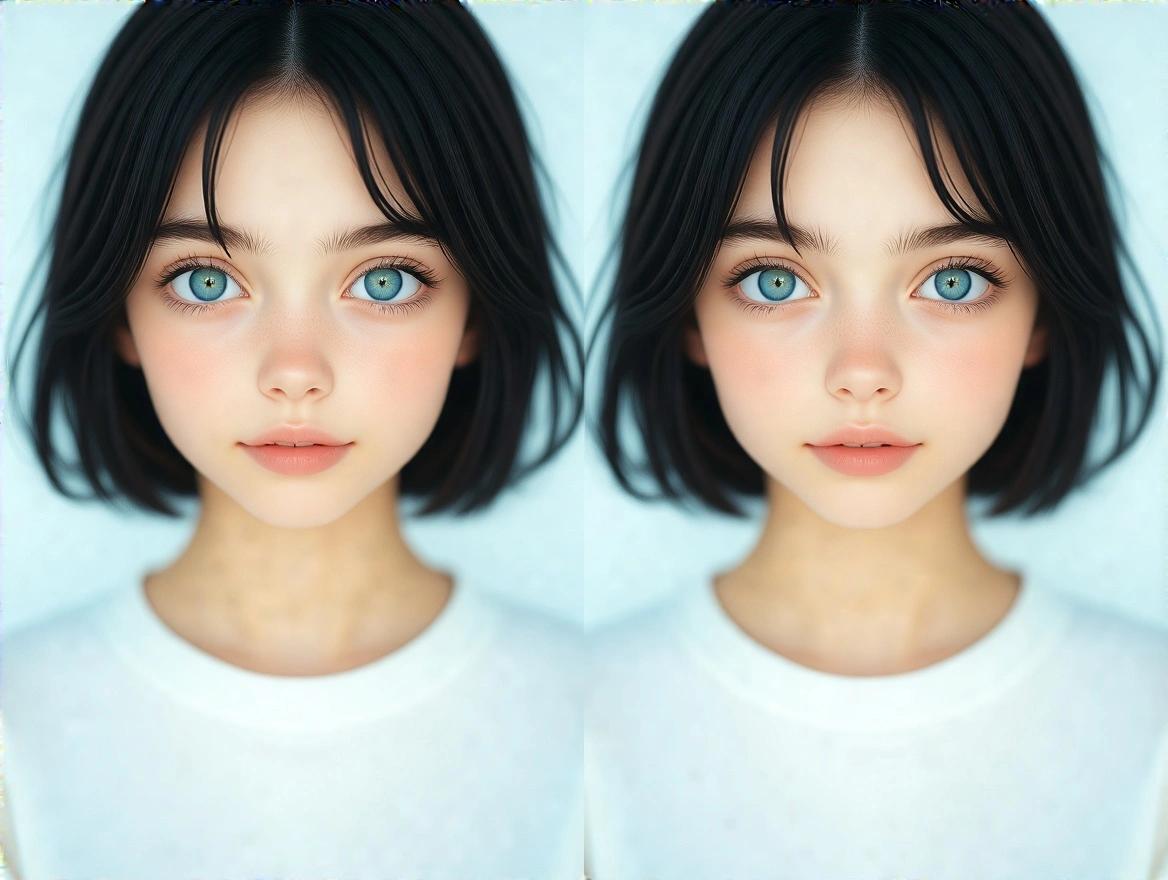 A front-facing symmetrical portrait of a young woman with beautiful skin and serious eyes, featuring short black hair and blue eyes, high-res details and soft saturation, captured with soft focus against a light background.