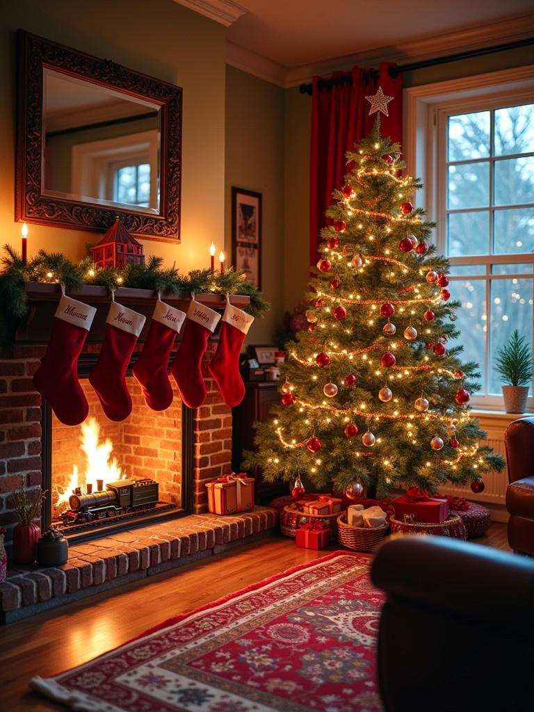 Colorful family room features a warm fireplace with stockings. A glowing Christmas tree sparkles in the corner. A model train is positioned under the tree.