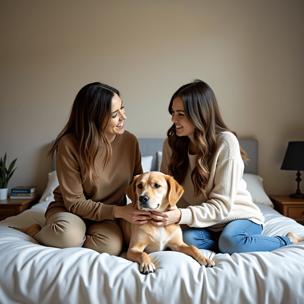 Two women sitting on a bed, lovingly embracing a dog between them.