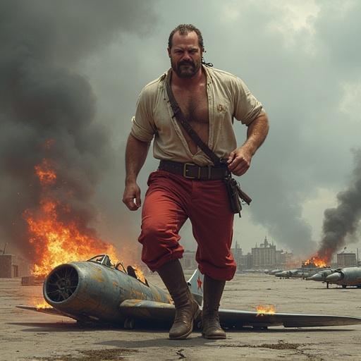 Hyper-realistic depiction of a large Cossack stepping over a burning Soviet jet. Dynamic pose with clenched fists and fiercely contorted face. Wears a dirty white shirt and red trousers. Background has scattered damaged aircraft and smoke-filled sky. Emphasizes raw power against chaotic destruction.