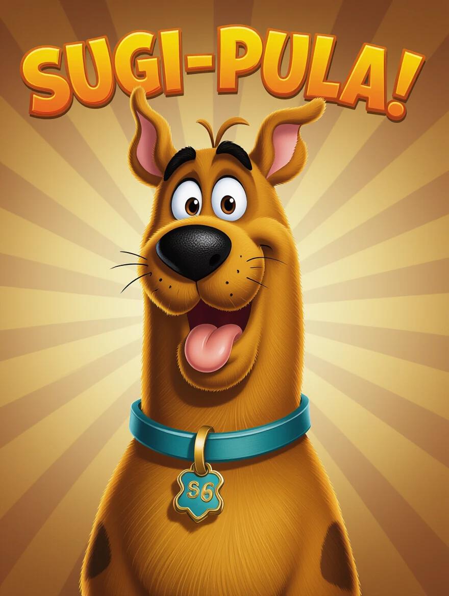 Realistic 3D full-body image of smiling Scooby Doo. Text 'Sugi-pula!' above Scooby. Warm gradient background.