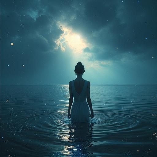 A woman stands in shallow water at dawn. Clouds fill the sky above with soft light filtering through. Water ripples around her feet creating a serene atmosphere. The scene evokes themes of existential reflection and quantum mechanics in an artistic landscape.