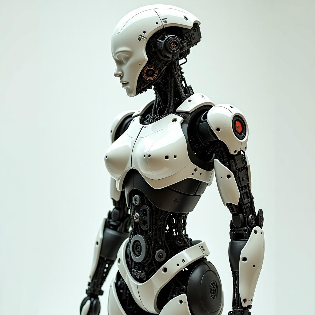 Female mecha robot portrayed with real electronic parts. The robot features visible circuit boards and gears without body armor. Highlights the intricacy in its design and technology.