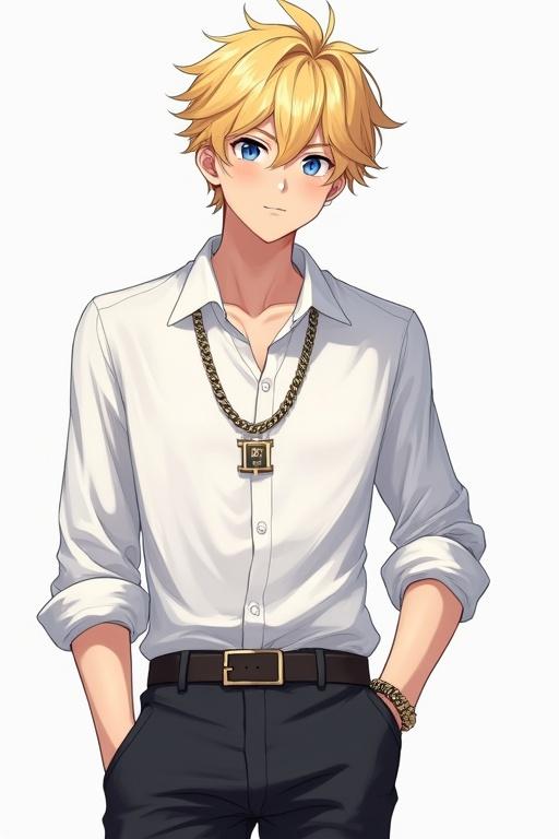 A masculine cute university boy with blonde hair and blue eyes stands confidently. He wears a white shirt with sleeves rolled and black pants. A chain necklace is around his neck. The style is influenced by manhwa art. Background is minimalistic.