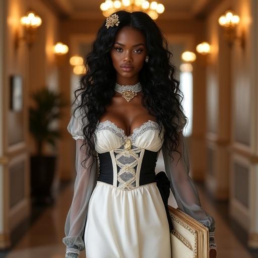 An Afro goddess inspired by Yemọja. Features deep black skin and refined Japanese facial traits. Glossy black hair with golden kanzashi. She wears a white maid uniform with black trims. Corset-style bodice emphasizes hourglass silhouette. Lace adorns collar and cuffs. Striding gracefully in a luxurious hallway. Holding documents and adjusting satin ribbon at waist. Softly lit background with magical particles.
