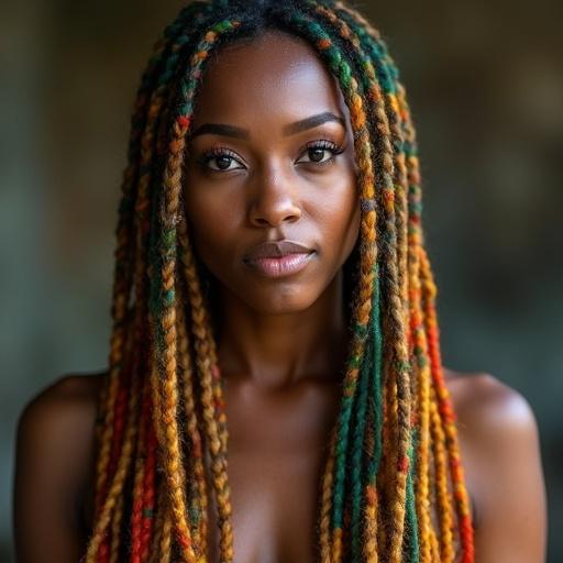A woman with long Rasta style rainbow braids and striking indigo eyes poses confidently. Her hair showcases vibrant colors including red, yellow, and green. Soft lighting accentuates her features.