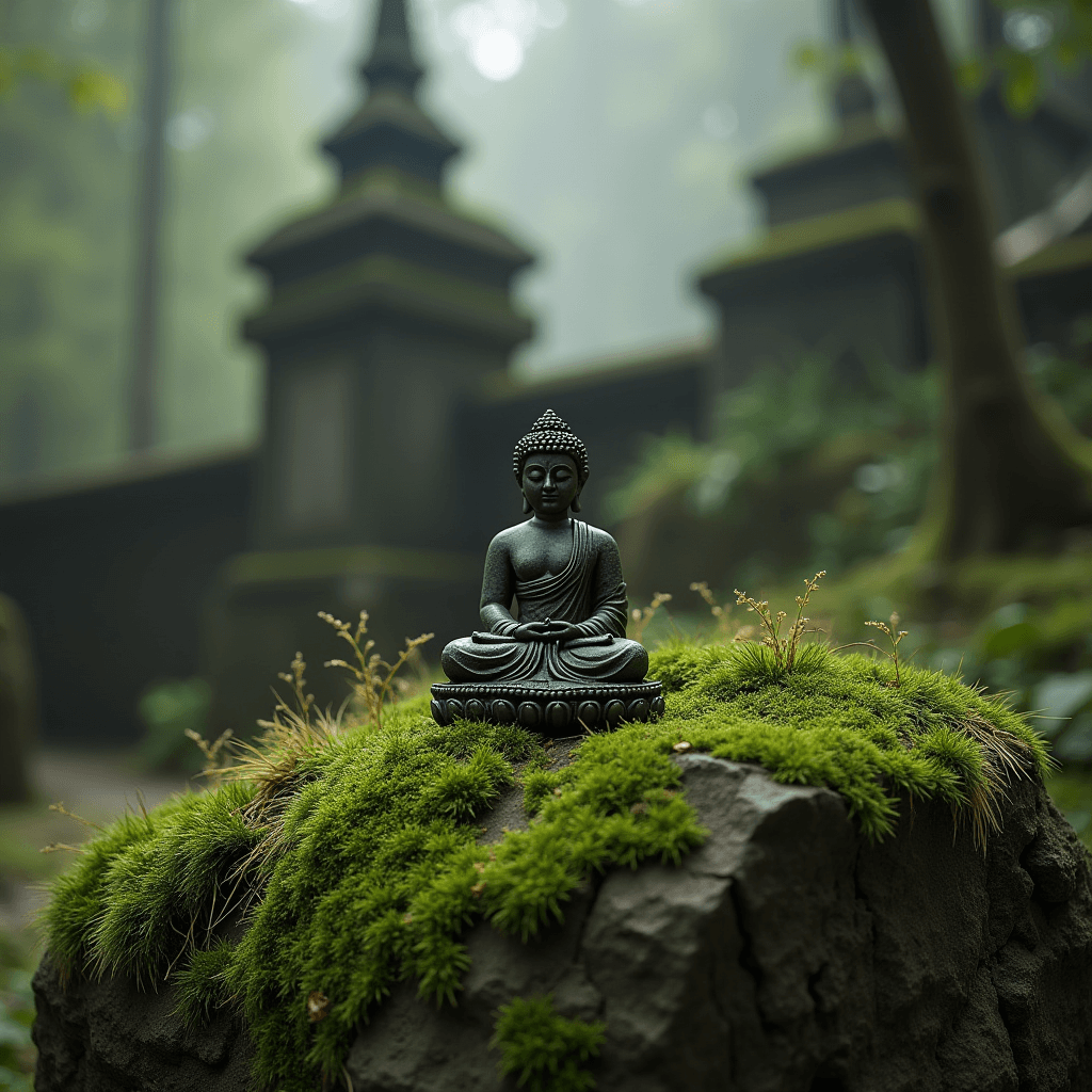 A small Buddha statue sits peacefully on a moss-covered rock in a misty forest setting.