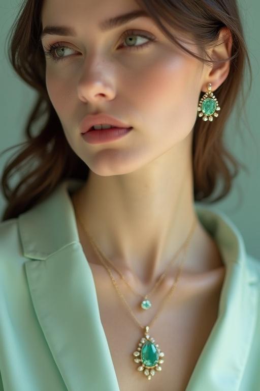 Close-up shot of a female model wearing light green beryl gemstone jewelry. Jewelry includes a pendant and earrings. Soft lighting with a neutral or pastel background. Minimal makeup to focus on jewelry. High-end fashion style. Sharp detail on the gemstones.