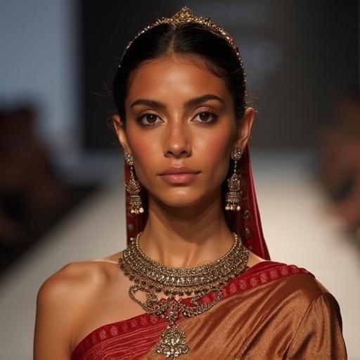 A unique Indian model is walking on a fashion ramp. The model wears a traditional red saree embellished with intricate gold jewelry. The runway setting features a focus on the model with a soft background. The headwear complements the regal look of the attire. The photography captures an elegant moment during a fashion event.