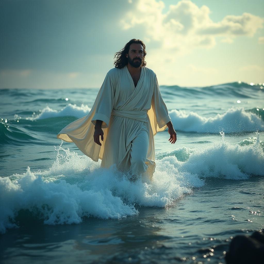 Realistic image of Jesus walking through rough sea with HDR and vivid colors in 4K.