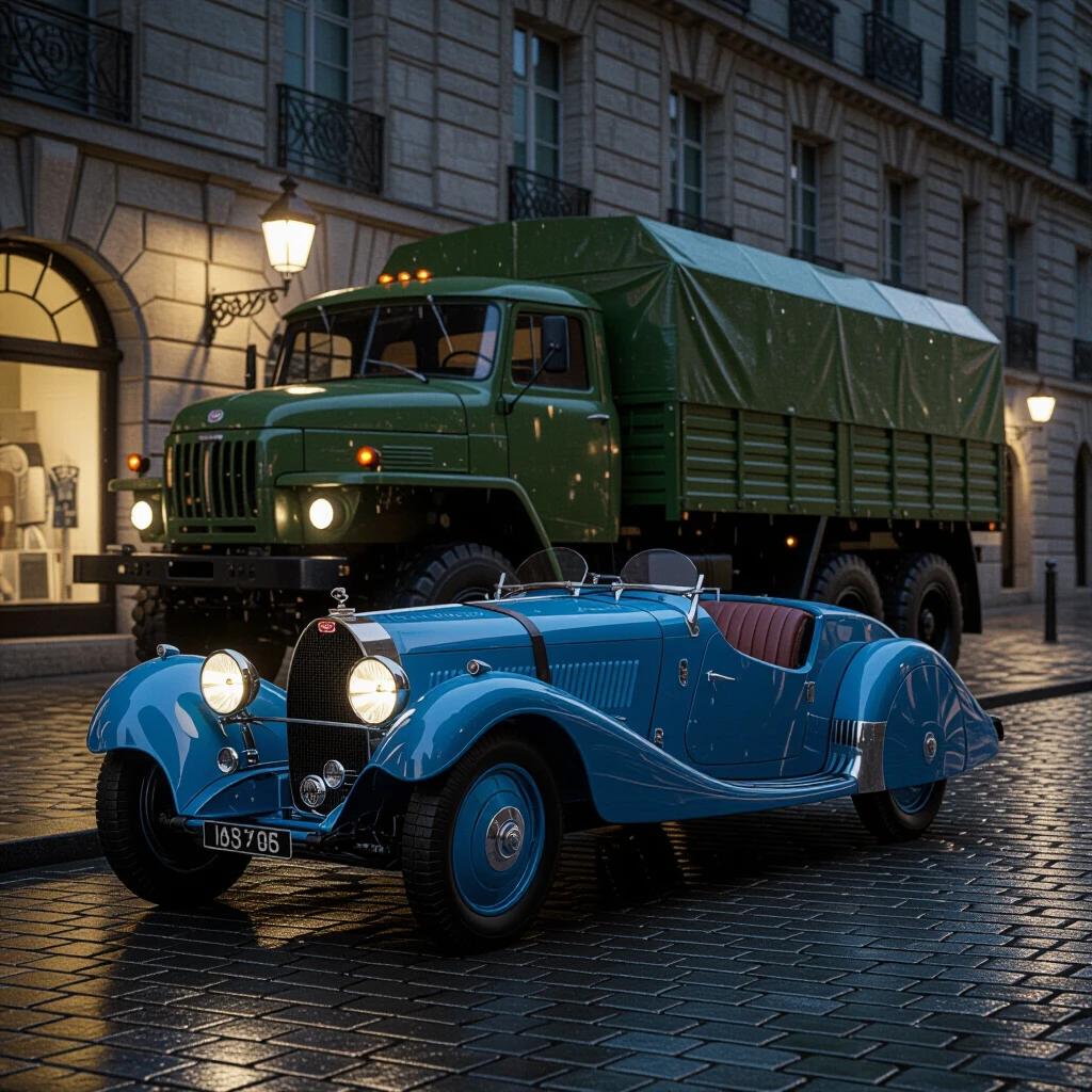A photorealistic night scene depicting a 1924 Bugatti Type 35 parked on rain-slicked cobblestones with a 1951 Soviet Military Truck behind it. The truck's headlights shine arctic-blue beams, creating a dramatic lighting effect. The Bugatti is dark, with no light emissions, and the truck appears as a spectral presence.