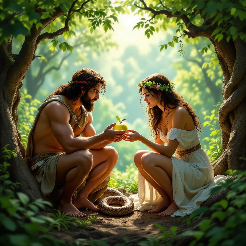 Depiction of Adam and Eve in the Garden of Eden. They are seated beneath trees. Adam hands Eve a fruit. A serpent lies in the grass. The scene radiates light through the leaves.