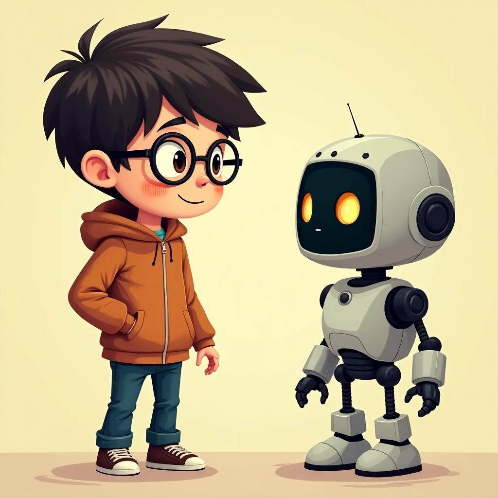 Intelligent boy with glasses displays interest towards a robot. Robot character is smaller than the boy. Boy wears an orange hoodie and jeans. Robot features big eyes and a curious expression. Background is simple and neutral.