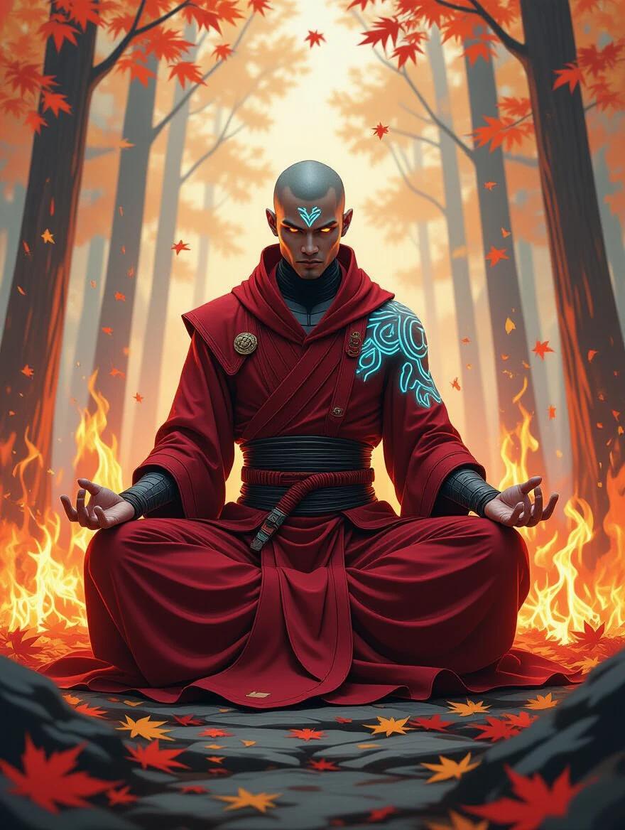 Cybernetic monk in crimson robes meditating amid flaming autumn leaves in a burning shrine forest. Monk exhibits a state of zen rage. Artwork in fantasy art style using vivid digital ink textures and sharp neon highlights.