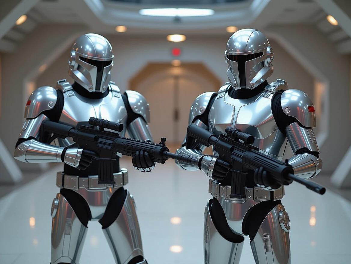 Chrome Cylons from Battlestar Galactica stand together. They hold big guns. Sleek and shiny metallic design. Sci-fi setting with futuristic architecture.