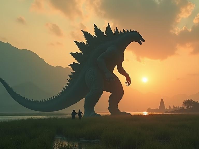 Cinematic scene depicting a massive Godzilla silhouette against a vibrant orange sunset. Huge, muscular figure with sleek dorsal plates walks through grassy marshlands. Small village and people in boats visible. Surrounding mountains and temples add depth.