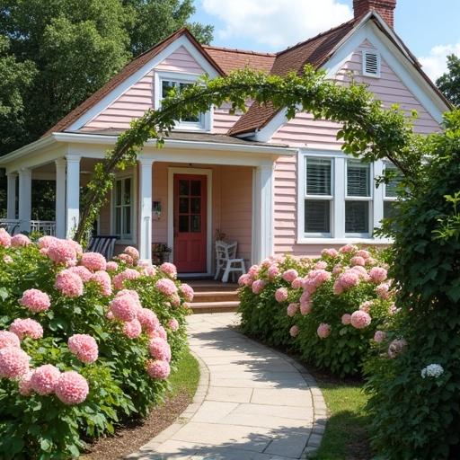 Capture a light pink and white cottage with shutters and gingerbread trim. Include light pink rose bushes and pink and white hydrangea bushes. Show a bright sunny day with no dark shadows. Feature a white arbor at the beginning of the walkway near the sidewalk, adorned with pink roses.