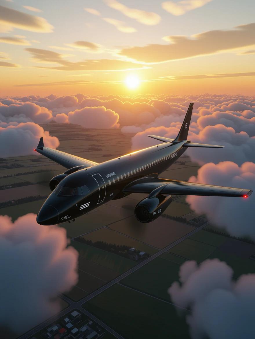 A medium-sized black plane is flying over a rural area. The style is cyberpunk and the scene is ultra-realistic. The plane is surrounded by clouds with the sun setting in the background. The perspective shows a high angle view, emphasizing the landscape below. The ambiance is cinematic and dramatic.