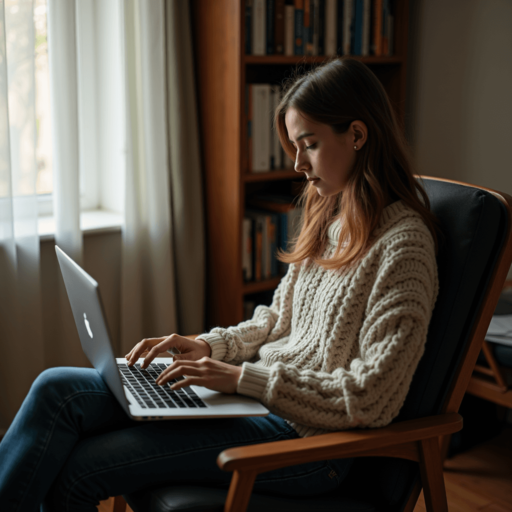 A woman in a cozy sweater works intently on a laptop in a sunlit room with a bookshelf in the background.