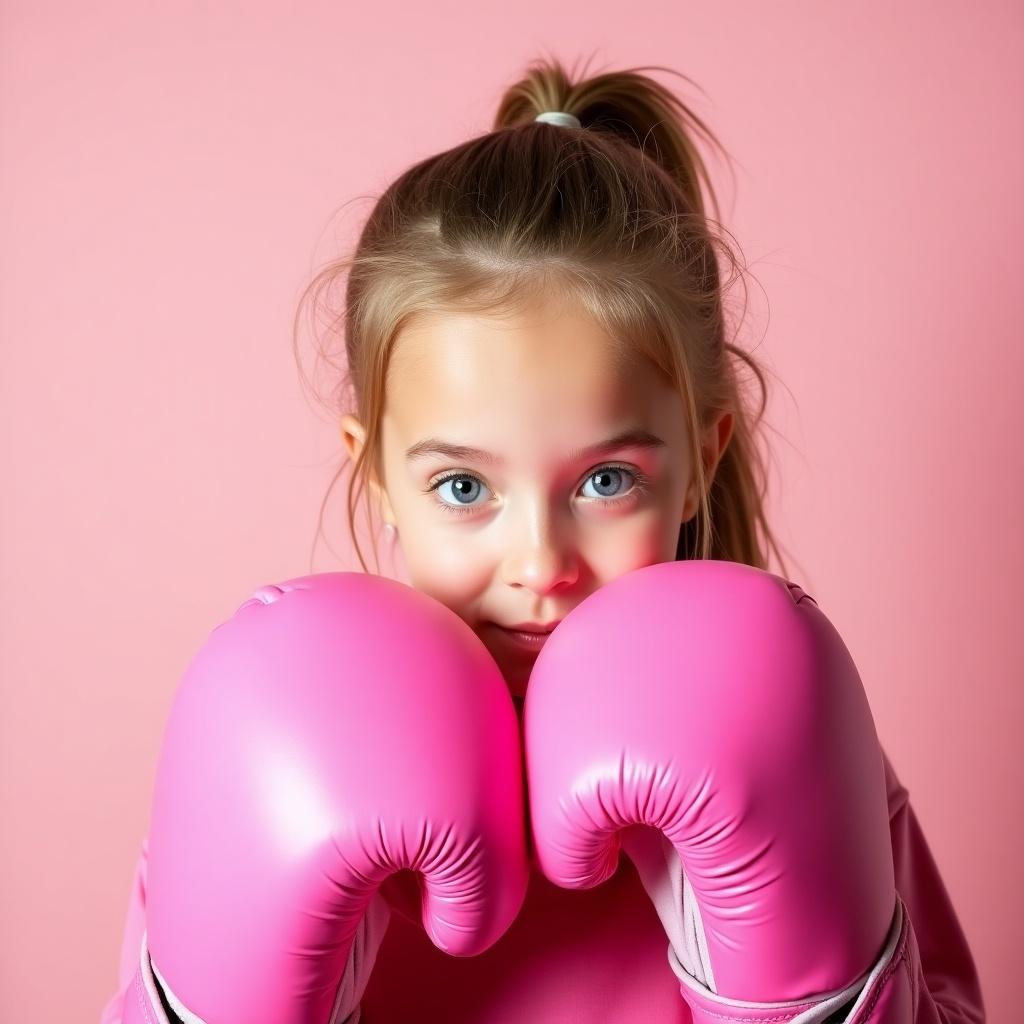 The image features a young girl, approximately 8 to 12 years old, exuding confidence as she dons bright pink boxing gloves. She has light brown hair pulled back into a ponytail and piercing blue eyes, which reflect a serious and focused demeanor. The background is a smooth, soft pastel pink that complements the gloves. The girl stands front-facing, ready for action, symbolizing determination and strength. Her attire suggests she's prepared for a physical challenge, embodying both femininity and empowerment.