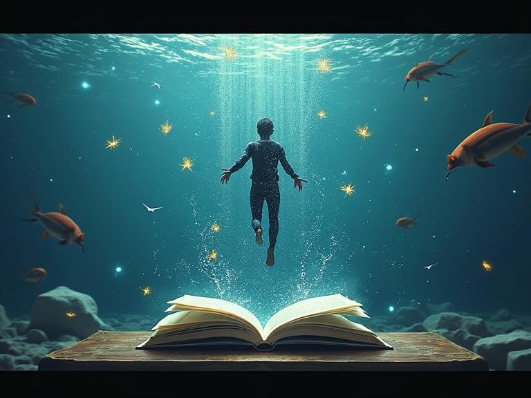 A hyper realistic image of a person diving into an open book underwater. Golden fish and sparkles surround them. The backdrop shows an underwater scene with deep blues and a lit effect coming from the water's surface.