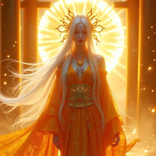 Ultra-realistic depiction of a cyber shrine maiden. Breathtaking beauty with glowing sun aura. Features long flowing white and golden hair, radiant golden eyes, porcelain skin. Wears high-tech kimono with sun motifs. Stands in futuristic shrine with golden torii gates. Surrounded by floating light particles, light beams, and holographic talismans. Shows sacred and powerful pose in a majestic atmosphere.