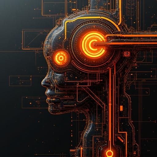 A mechanical face with orange glowing elements on a black background featuring complex circuitry.