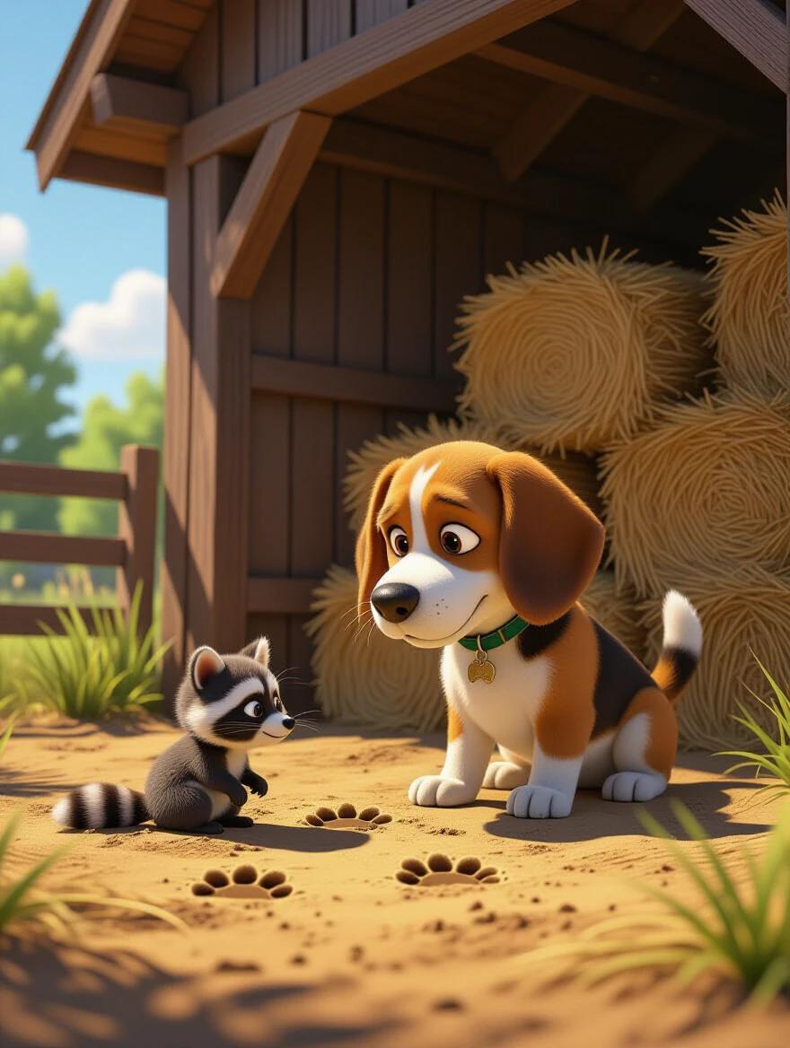 A 3D animated beagle examines small raccoon-like paw prints in soil. Barn structure and hay bales are in the background. Strong shadows add mystery. Animation style is lush and vibrant.