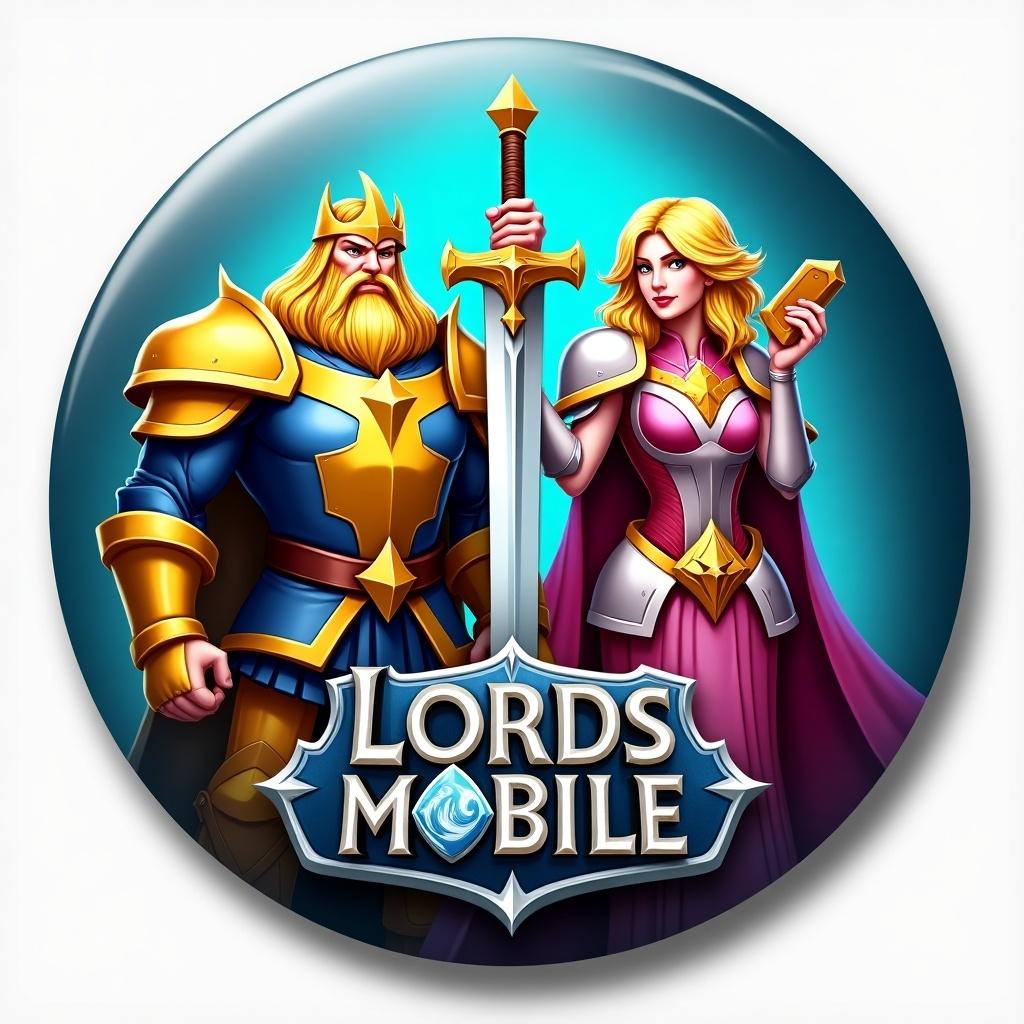 This is a badge design for the game Lords Mobile, featuring powerful heroes: Oath Keeper and Rose Knight. Oath Keeper stands majestically in his yellow-blue armor, hair glowing in yellow, holding his sword down with both hands. Next to him is Rose Knight, adorned in pink armor and also with yellow hair, holding a sword in one hand while grasping a tate in the other. Above them is the prominent Lords Mobile logo that features a knight with a golden crown-like helmet. The text 'Lords Mobile' is bold and angular, with a metallic black for 'Lords' and white for 'Mobile' against a blue gradient backdrop. The design includes a glowing teal effect around the logo, making it vibrant and eye-catching, while considering dimensions for production.