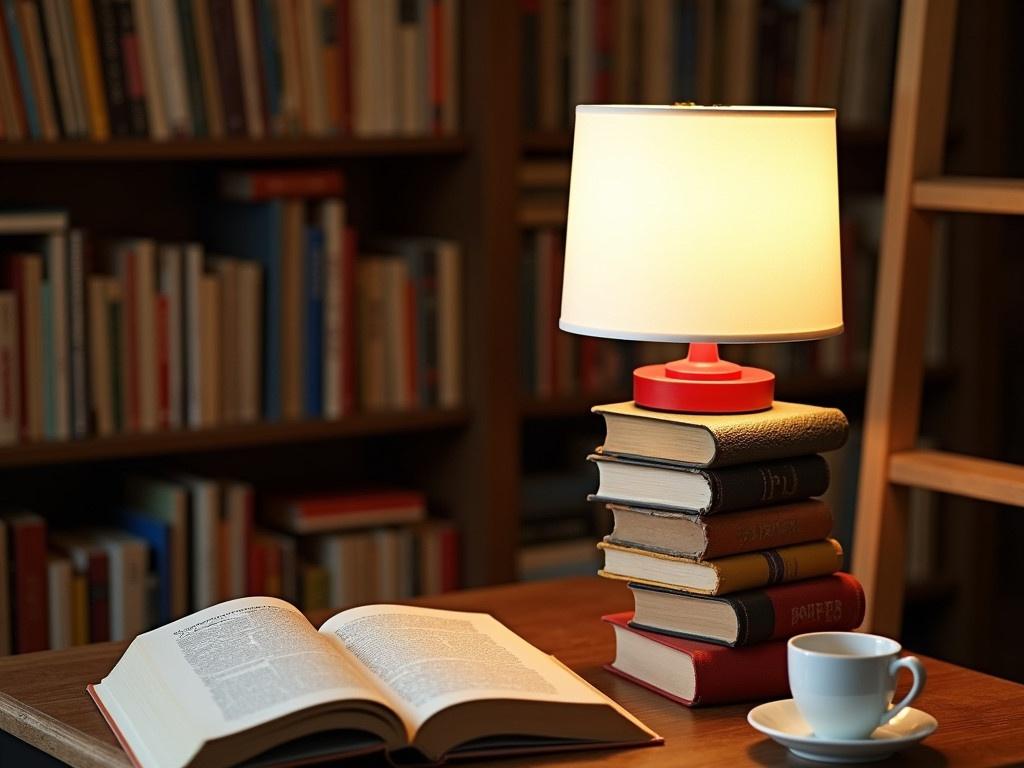 The image shows a cozy reading corner with a unique lamp made from stacked books. The lamp has a white cylindrical shade and sits atop a red base, with several vintage books creatively arranged to form its structure. In the background, a tall bookshelf filled with numerous books adds a warm, intellectual atmosphere. Beside the lamp, there is an open book lying on the table, suggesting someone has been enjoying a good read. A small white cup and saucer sit next to the book, hinting at a pleasant coffee or tea break. A wooden ladder can be seen leaning against the bookshelf, suggesting access to higher shelves filled with even more books.