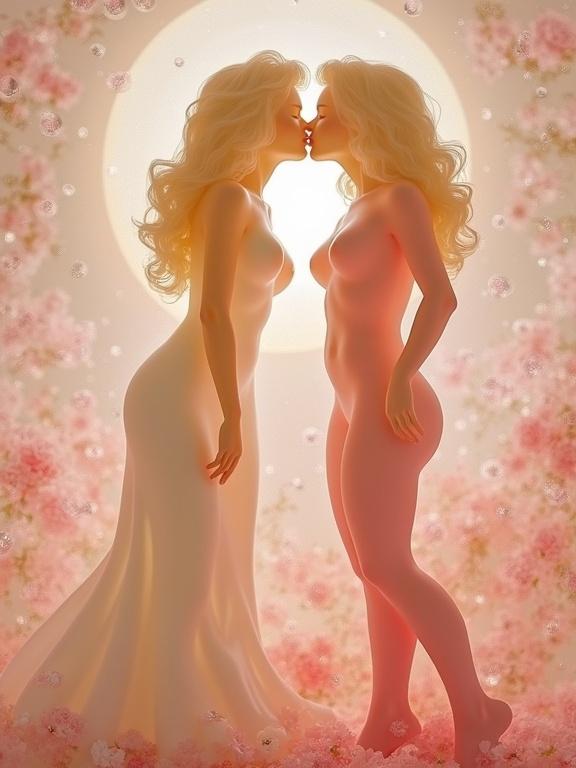 Silhouettes of anthropomorphic figures kiss surrounded by flowers. Warm colors create a dreamy effect. Artistic styles inspired by various renowned artists. Figures embody beauty and intimacy.