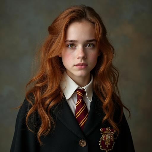 Portrait of a girl dressed in a wizard school uniform with a tie and emblem