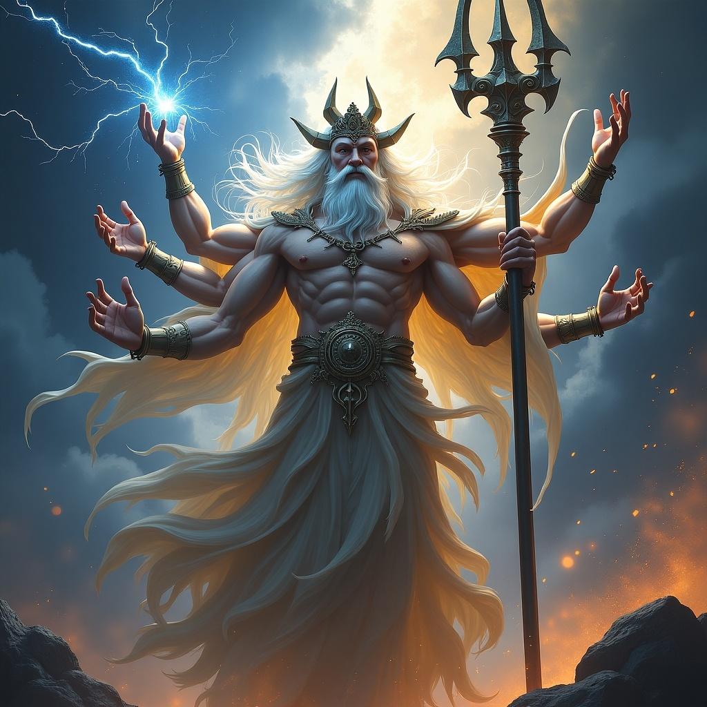 A powerful multi-armed deity in a cosmic setting with a trident. Surrounded by lightning and celestial elements. Dramatic artistic representation.