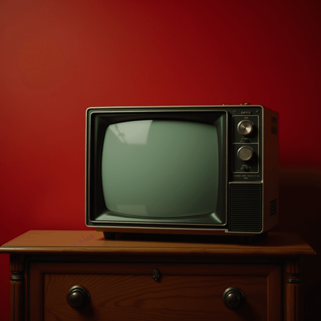 An old-fashioned television set with dials sits atop a wooden cabinet against a bold red wall, capturing a sense of retro style.