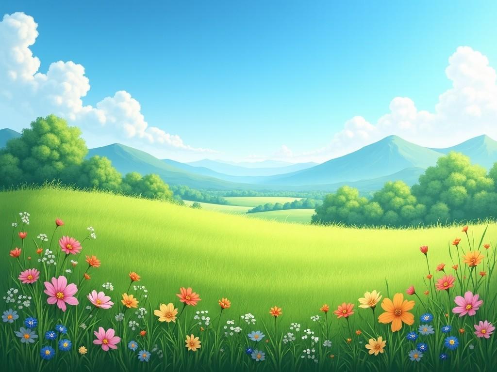 This image depicts a serene landscape filled with colorful flowers at the foreground and rolling green hills extending into the background. A bright blue sky with fluffy white clouds enhances the cheerful atmosphere. The mountains can be seen in the distance, completing the picturesque scene. The vibrant colors of the flowers contrast beautifully with the lush greenery of the fields. This artwork captures the essence of a sunny day in nature, inviting feelings of tranquility and happiness.