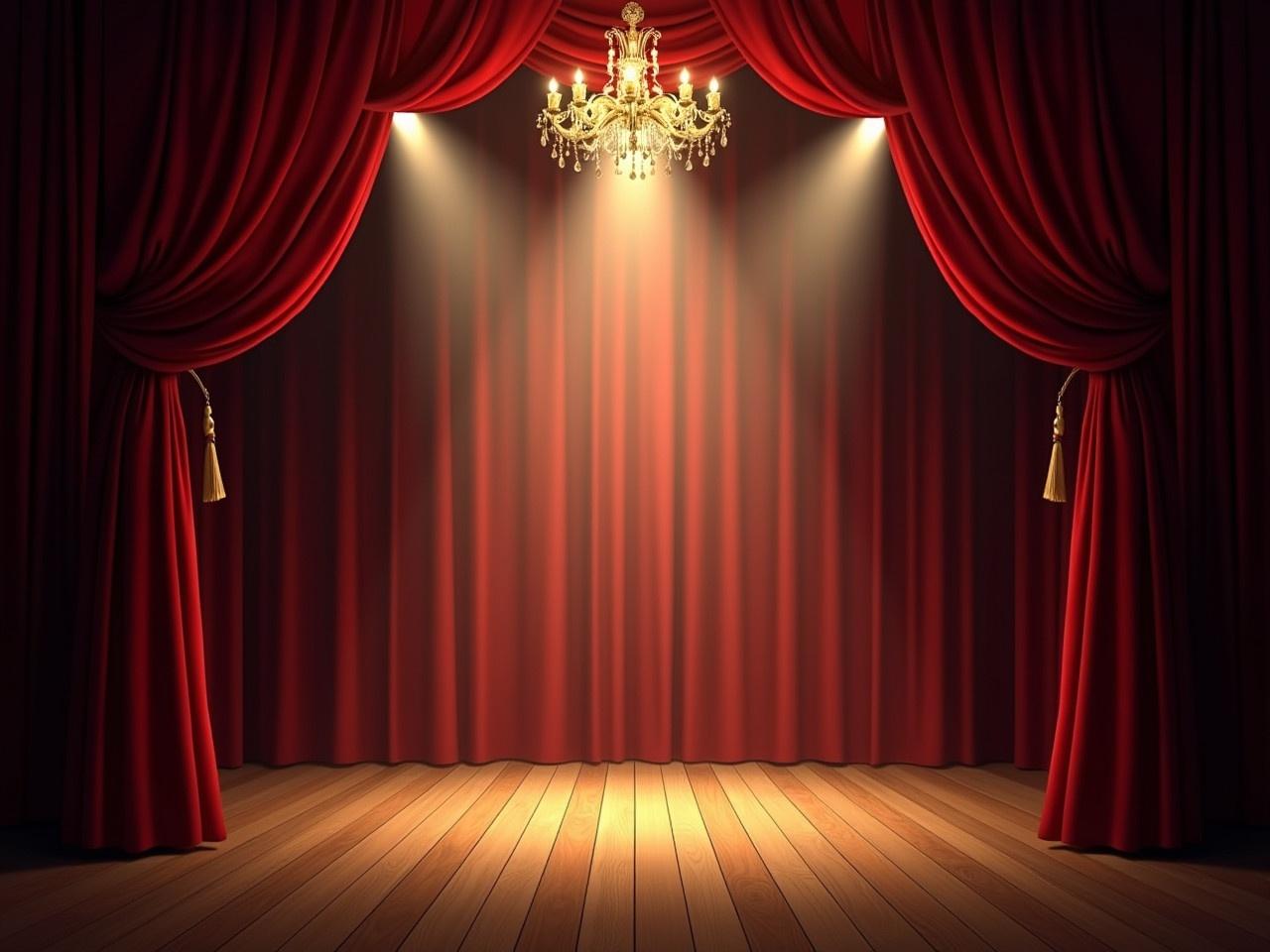 The image depicts a grand and elegant theater stage. It features rich red curtains that are elegantly draped on either side of the stage. Above, an ornate chandelier casts a warm glow over the scene. The wooden floor reflects the light, adding to the ambiance of grandeur. There are also two bright spotlight beams directed towards the center of the stage, creating an atmosphere of anticipation and excitement.