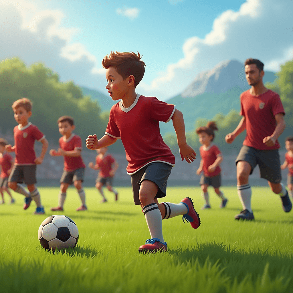 A group of children playing soccer on a sunny day with mountains in the background.