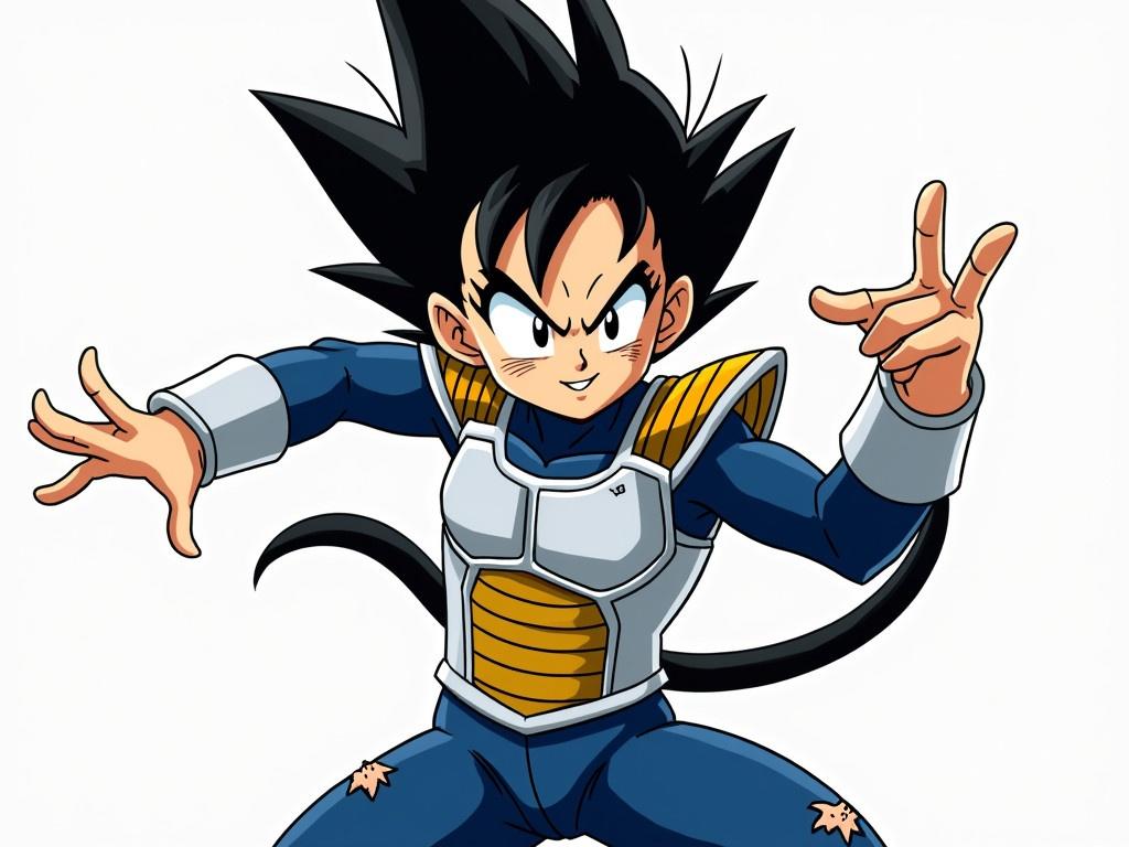 This is an animated character depicted in a dynamic pose, showcasing a strong and confident expression. The character has spiky black hair that is prominently styled upward and wears a blue and silver battle suit. There is a recognizable tail extending from behind, suggesting a connection to a specific species in its universe. The outfit is somewhat torn, adding to the sense of action or battle readiness. The character's hands are outstretched, ready for a fight, conveying a sense of power and energy.