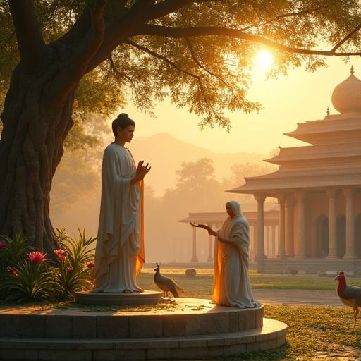 Hyperrealistic photograph depicting the birth of Buddha Siddhartha in Lumbini garden. Queen Maya stands while holding a sal tree branch. Newborn Buddha emits a divine light. Hindu devas in celestial garments float in the sky. Brahmin priests in white robes with sacred threads are present. Lotus flowers bloom in a sacred pond. The scene includes a palace courtyard with Indo-Gangetic architecture. Peacocks and sacred cows are visible. Himalayan foothills appear in the background. Golden sunlight filters through ancient trees.