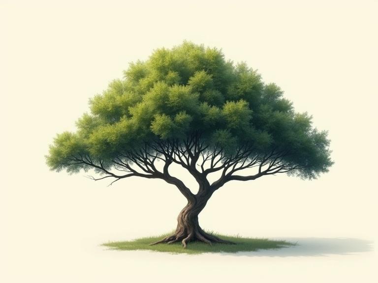 Modern screen printed poster art depicting a miniature tree with a wide spreading shape. Realistic features are emphasized, illustrating a serene vibe with a focus on its foliage and branch structure.