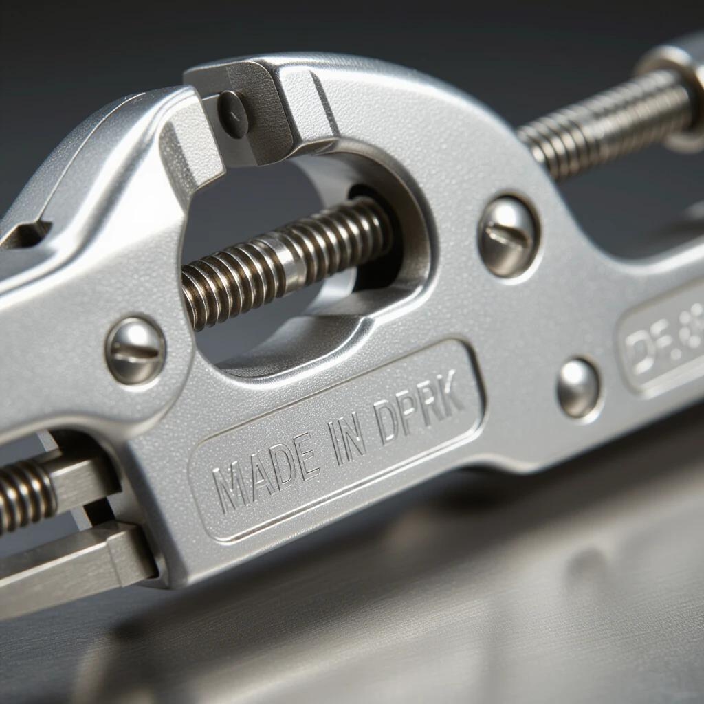 Ultra close-up photograph of vintage silver metal locking pliers. Polished metal with visible machining marks and reflections. Crisp stamped text visible. Extreme sharpness on metal texture and details. Soft workroom background in dark grey tones. Tight composition filling most of the frame. Shot from low angle. Soft studio light enhances texture.