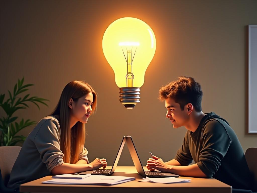 A digital art piece depicting two young people sitting at a table with laptops, working collaboratively under a large illuminated lightbulb, symbolizing creativity and ideas.