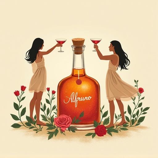 Minimalist screen printing artwork shows two women in light sun-dresses toasting with cocktail glasses. An apothecary bottle shines in the center, surrounded by roses and herbs. The scene has a beige background with bold strokes and a clean style.