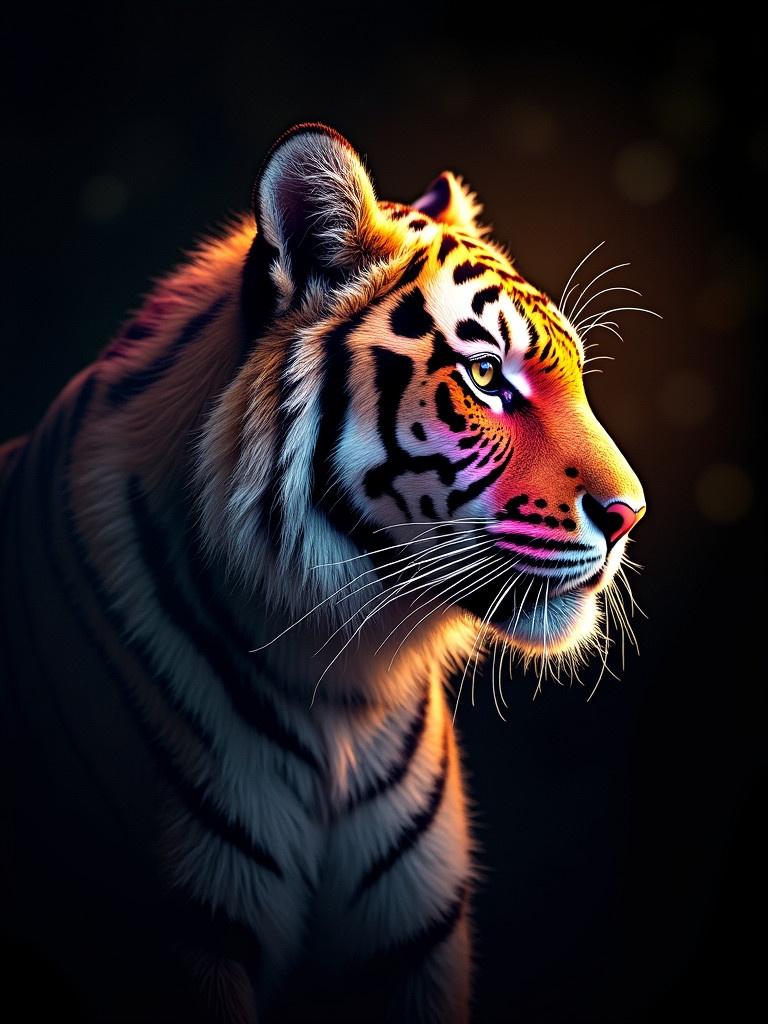 Airbrush painting of a tiger. Tiger's face is illuminated by golden light. Tiger has a rainbow colored rose blended inside. Background is hyperrealistic bright night sky and velvety black.