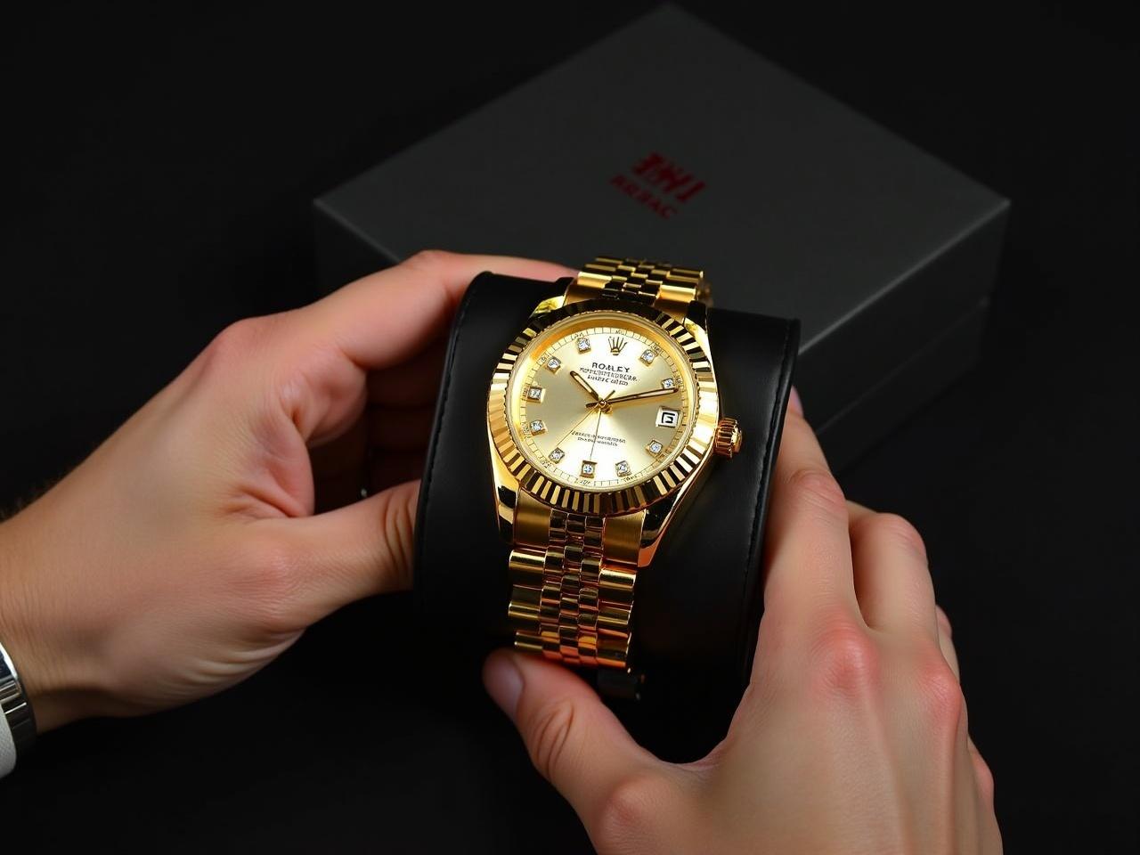 The image depicts a person's hands holding a luxurious watch. The watch features a shiny gold finish, with a face that includes diamond-like markers and the date display. The words "PRESIDENT TRUMP" are prominently featured on the dial. The watch has a link bracelet design that complements its elegant appearance. In the background, there is a dark box that enhances the focus on the watch.