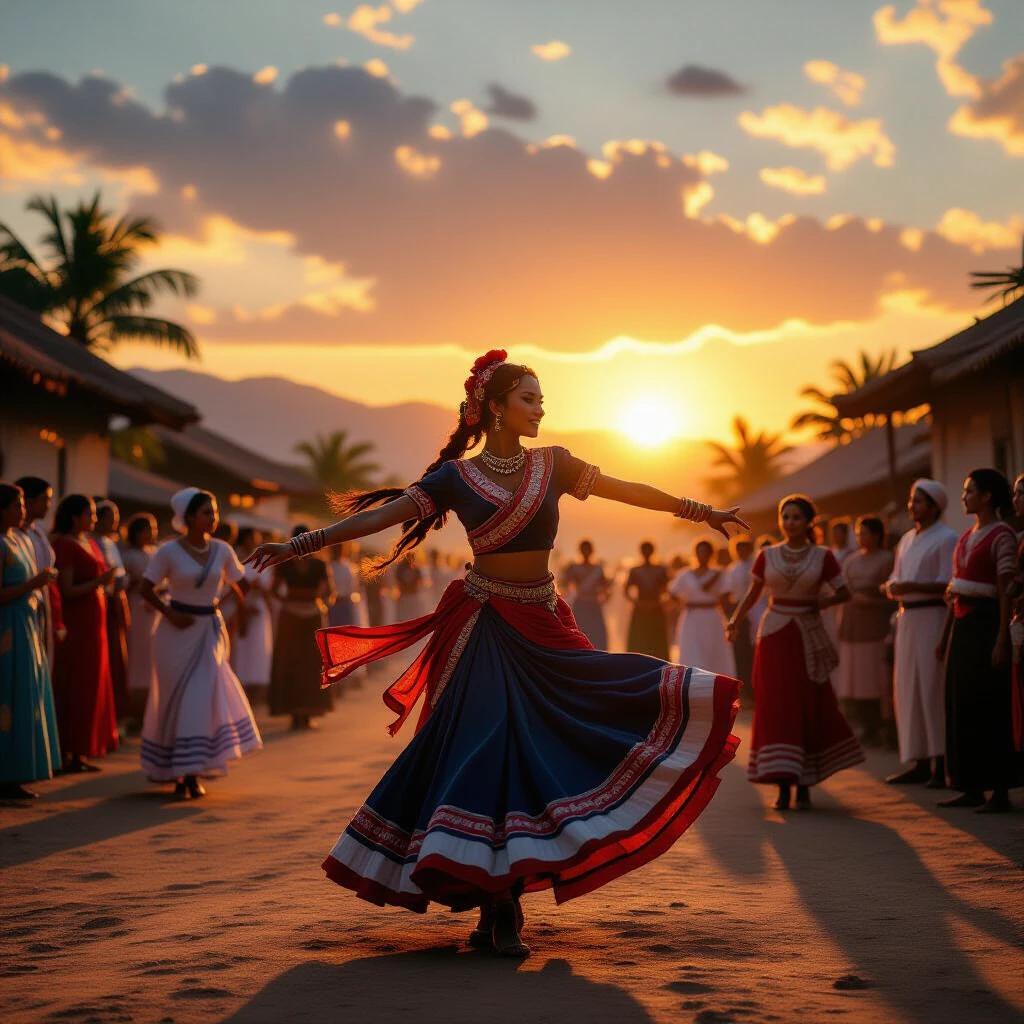 Traditional dance performed in a vibrant village at sunset. Dancer in ethnic attire twirls gracefully surrounded by an audience. The scene captures the warm colors of sunset. Cinematic atmosphere enhances the beauty of the cultural event.