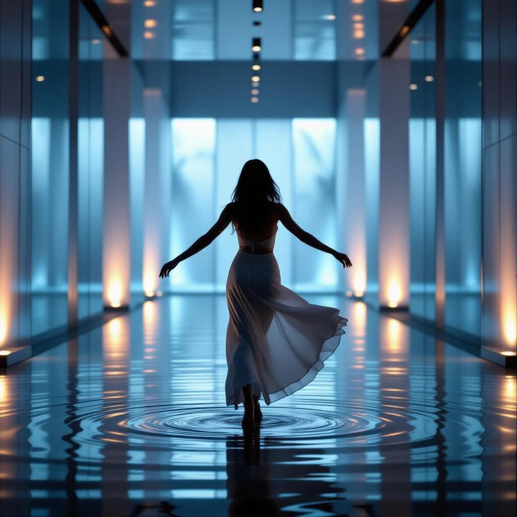 Dance in a modern setting with mirrored walls and a water-covered floor. Bright and dramatic lighting enhances the atmosphere.